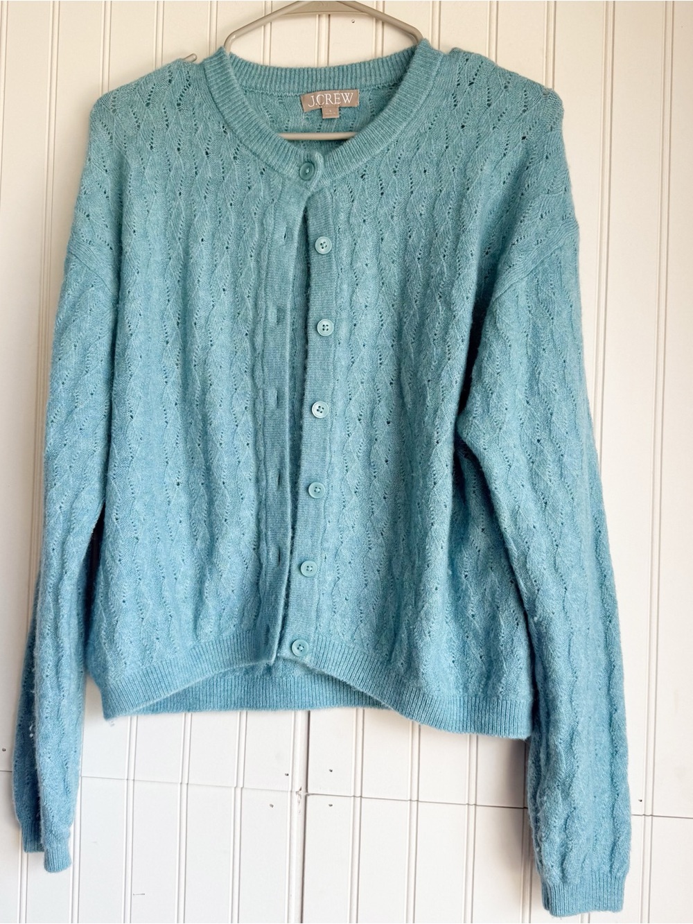 J. Crew Size S Green Supersoft Pointelle Bubble-Hem Cardigan Sweater - Picture 2 of 7